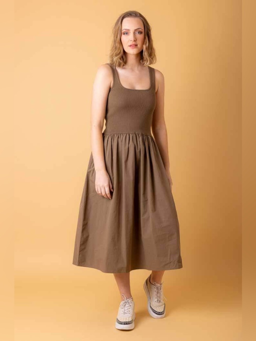 PENNY KNIT WOVEN DRESS KHAKI